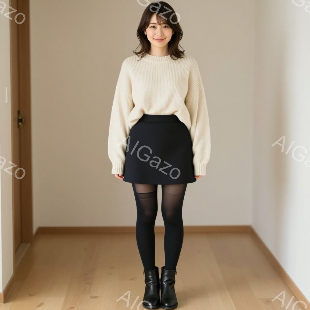 画像には、明るいクリーム色のセーターに黒のミニスカートとタイツを合わせた女性が写っています。彼女は肩までの長さの茶色い髪で、穏やかな微笑みを浮かべています。背景は木製の床と白い壁で、室内であることがわ - AI生成フリー素材