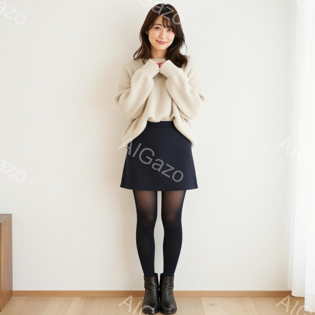 画像には、明るい色のセーターを着て、濃い紺色のスカートと黒いタイツを履いた女性が写っています。彼女は微笑んでおり、両手を胸の前で組んでいます。背景は白い壁と木製の床で、シンプルな室内空間です。 - AI生成フリー素材