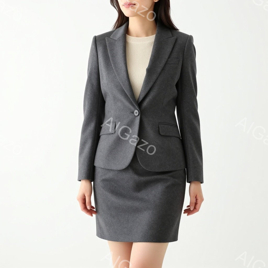 モデルはグレーのスーツを着用しており、インナーにはオフホワイトのニットを合わせている。姿勢はまっすぐで、両手は体の横に自然に置かれている。背景は白く、モデルに焦点が当たっており、ビジネスシーンやフォーマルな場を想起させる落ち着いた雰囲気である。