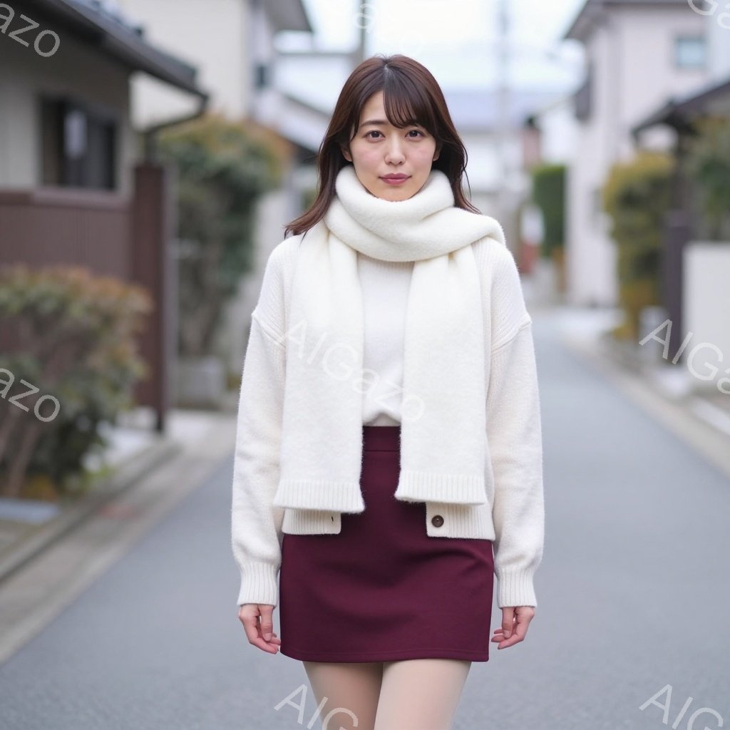 モデルはオフホワイトのゆったりとしたニットセーターと、深紅色のミニスカートを着用しています。彼女はストレートヘアで、少し微笑んでおり、リラックスした雰囲気です。背景は住宅街の道路で、両側に家々が並び、 - AI生成フリー素材