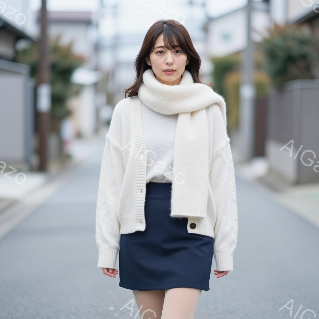 画像は、紺色のミニスカートと白いケーブルニットカーディガン、そして白いマフラーを身につけた若い女性が写っています。彼女は少し微笑んでおり、姿勢はリラックスしています。背景は住宅街の道で、グレーの空と建 - AI生成フリー素材