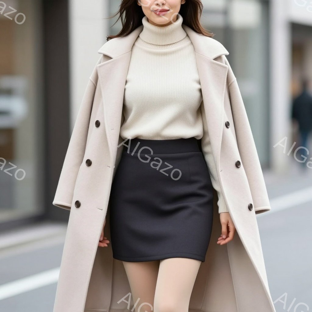 モデルは、クリーム色のオーバーサイズのコート、ベージュのタートルネックセーター、黒のペンシルスカートを着用しています。彼女はわずかに微笑み、まっすぐ前を見て立っており、洗練された印象を与えています。背 - AI生成フリー素材