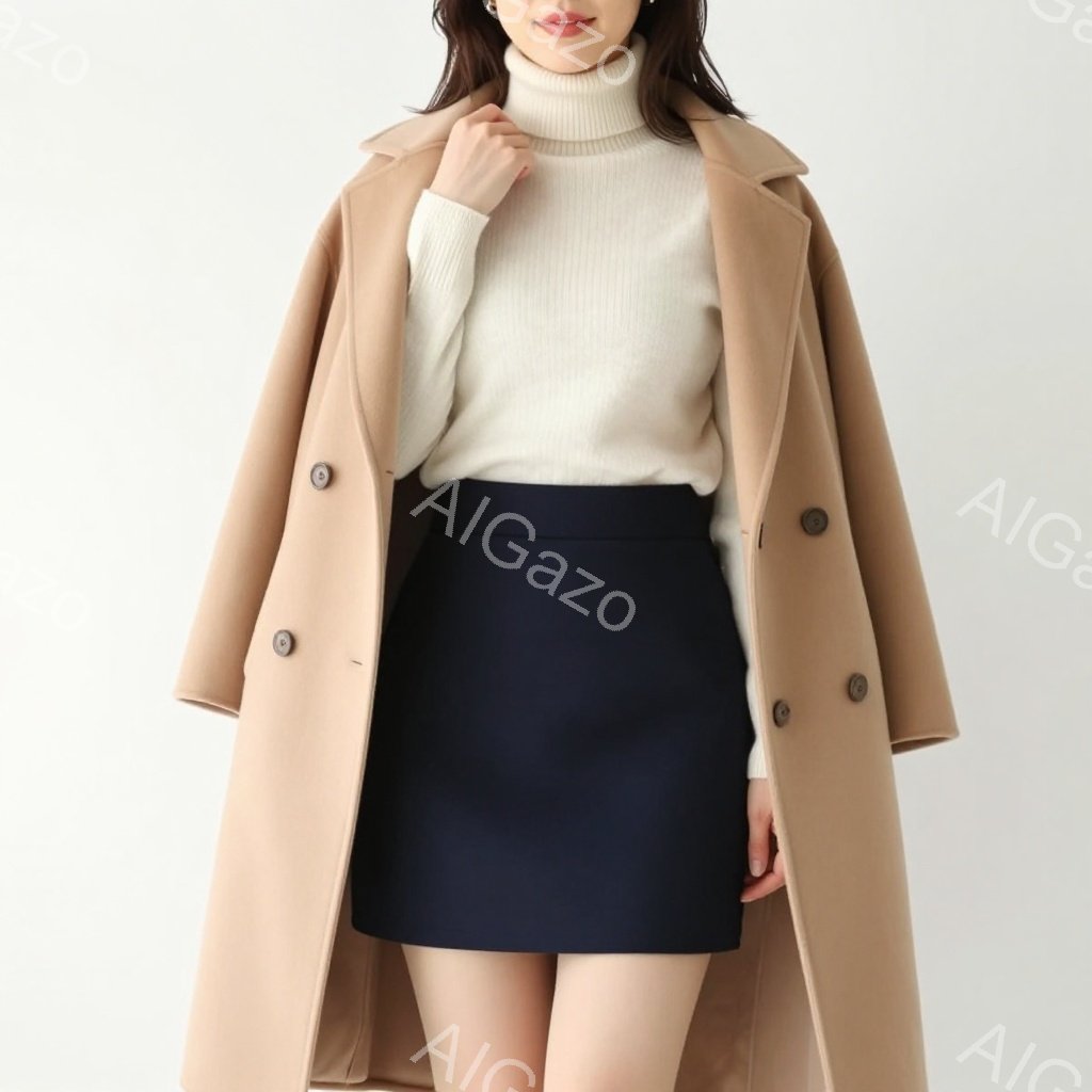 女性はベージュ色のロングコート、白いタートルネックニット、濃い紺色のミニスカートを着用しています。彼女はまっすぐ前を向き、落ち着いた表情で、片手を軽く腰にあてています。背景は白く、人物に焦点が当たって - AI生成フリー素材