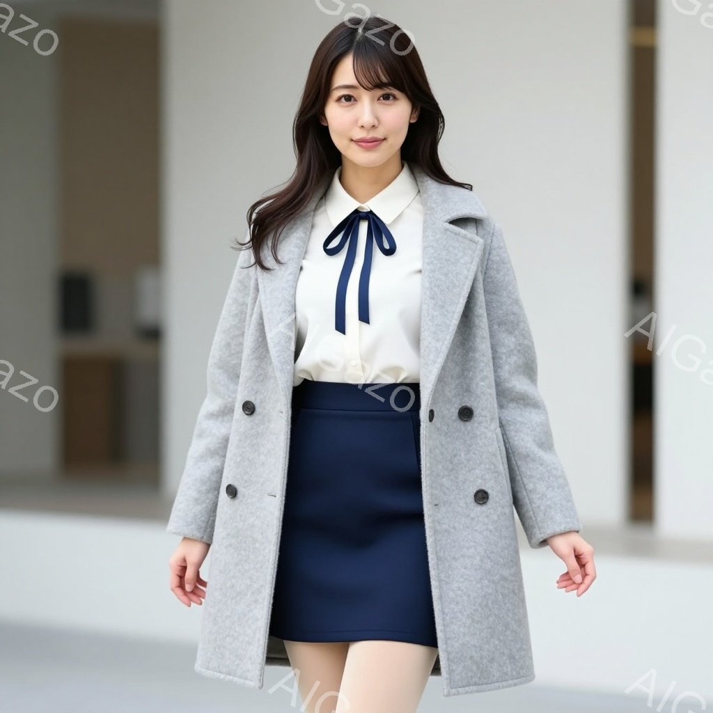 長い黒髪で、前髪が少しサイドに流れている女性が、グレーのコート、白いブラウス、ネイビーのスカートを身に着けて立っています。彼女は微笑んでおり、少し前を見つめています。背景はモダンな建築物で、白を基調とした清潔感のある雰囲気です。