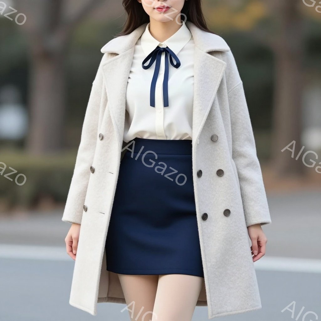 明るいベージュ色のロングコートを羽織った女性が写っています。白いブラウスにネイビーのタイを締め、同じ色のミニスカートを合わせ、上品で可愛らしい印象です。背景はぼやけていますが、道路と建物が見え、晴れた日の穏やかな雰囲気を感じさせます。