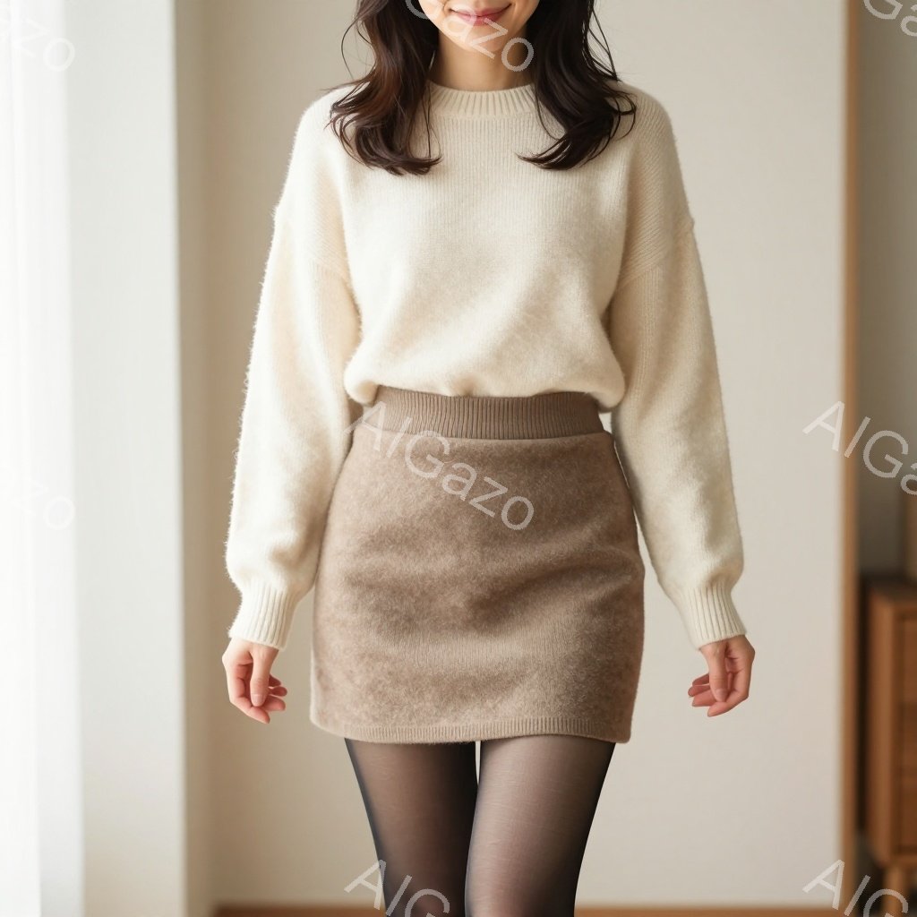 明るい室内で、女性がベージュのニットセーターとブラウンのミニスカートを身に着けて立っています。彼女は長い髪を下ろしており、穏やかな微笑みを浮かべています。背景には家具が見え、全体的に暖かく穏やかな雰囲 - AI生成フリー素材