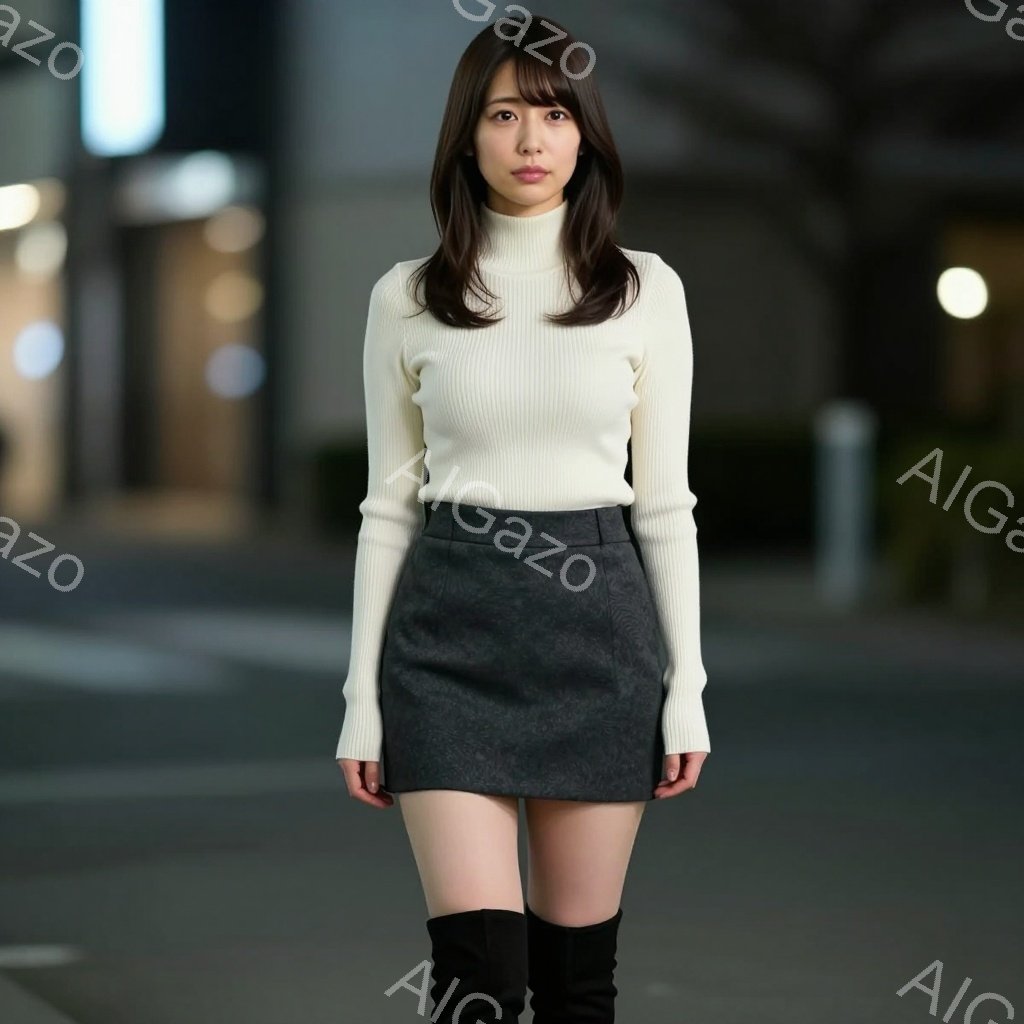 長い黒髪をセンターパートにした女性が、オフホワイトのタートルネックセーターとグレーのミニスカート、黒いニーハイブーツを着用している。彼女は正面をまっすぐ見つめ、わずかに微笑んでいるように見える。背景は - AI生成フリー素材
