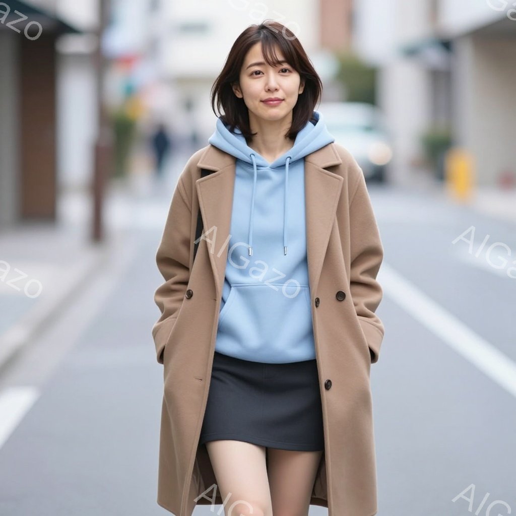 茶色のロングコートを羽織った女性が、水色のパーカーとグレーのミニスカートを身に着けている。彼女は少し微笑んでおり、髪は肩までの長さで内側にカールしている。背景は道路と建物で、晴れた日のように明るい雰囲気である。