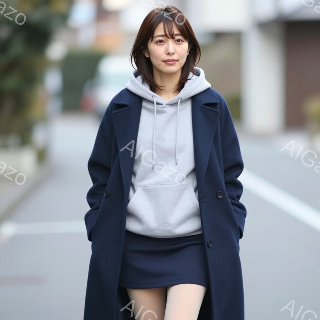 明るい茶髪の女性が、紺色のロングコートとグレーのパーカー、紺色のミニスカートを着用し、アスファルトの道路を歩いています。彼女は穏やかな表情で、少し微笑んでいるように見え、前髪が目の上にかかるような、肩 - AI生成フリー素材