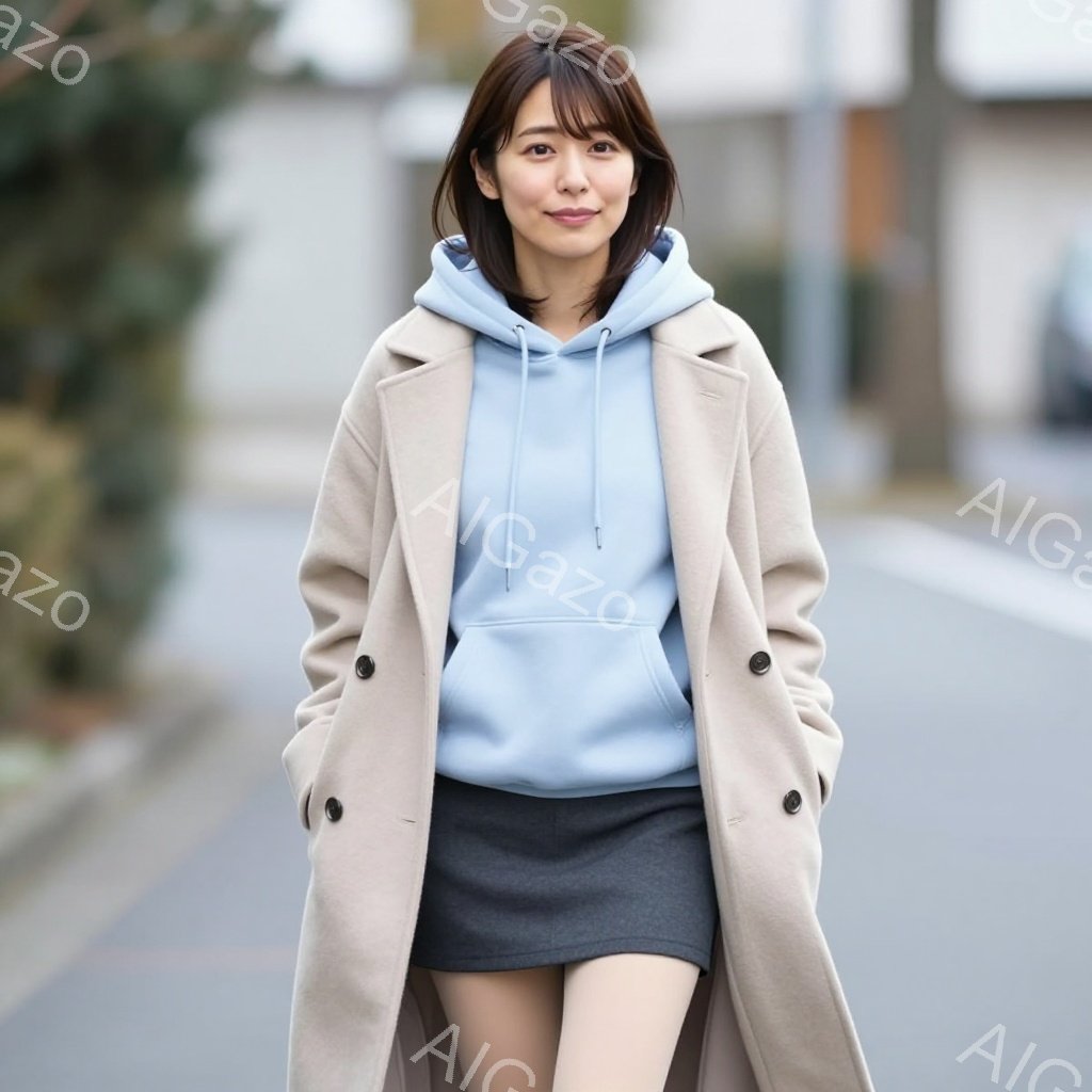 若い女性が、ベージュ色のオーバーコート、水色のパーカー、グレーの短いスカートを着ています。彼女は少し微笑んでおり、髪は肩の長さで内側にカールしています。背景には道路と建物があり、晴れた日の穏やかな雰囲気です。