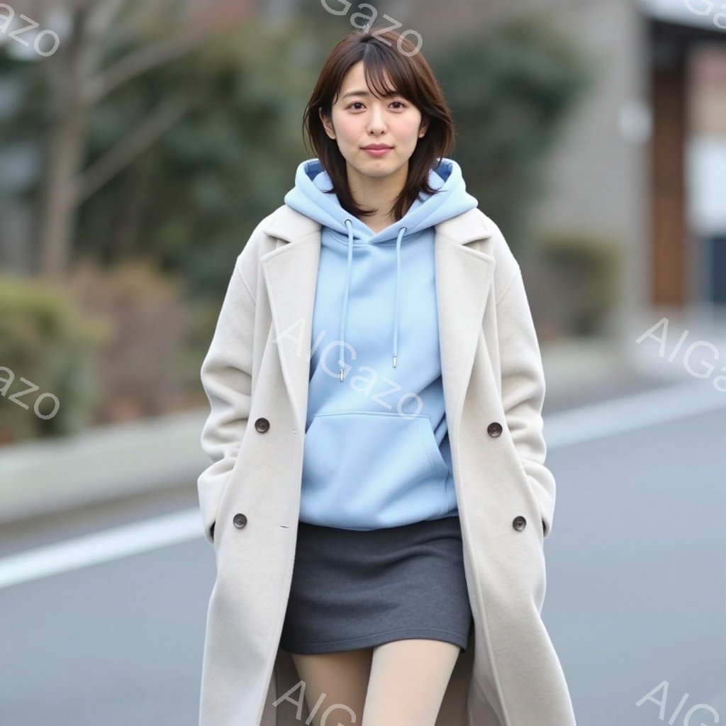 明るい青色のパーカーにグレーの短いスカート、そしてベージュ色のコートを着た女性が写っています。彼女は少し微笑んでおり、前髪を少し分けて自然なヘアスタイルをしています。背景にはアスファルトの道と、ぼやけた建物や植物が見え、晴れた日の穏やかな雰囲気です。
