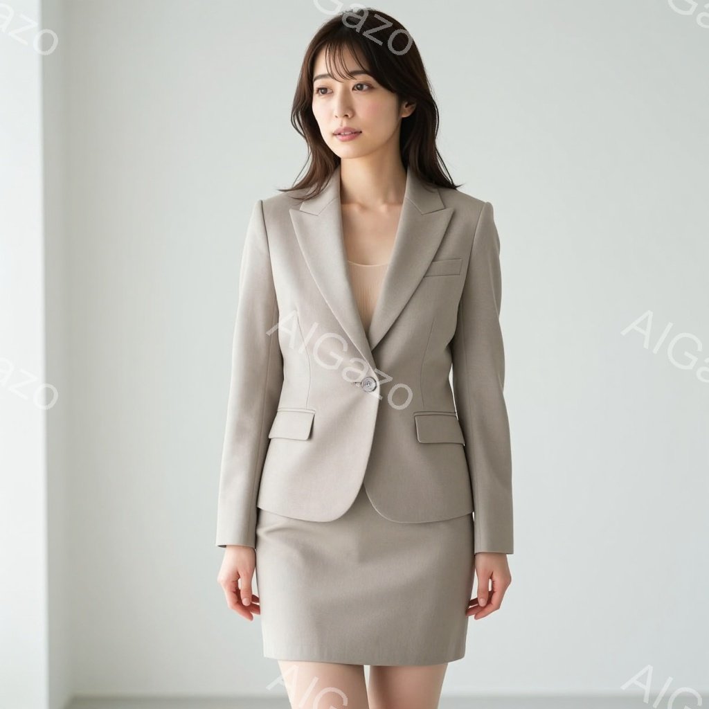 モデルはベージュ色のスーツを着ており、ジャケットと膝丈のスカートのセットアップです。彼女はストレートでダークブラウンのヘアスタイルで、穏やかで落ち着いた表情をしています。背景は白く、人物が際立っており、全体的に洗練された雰囲気です。
