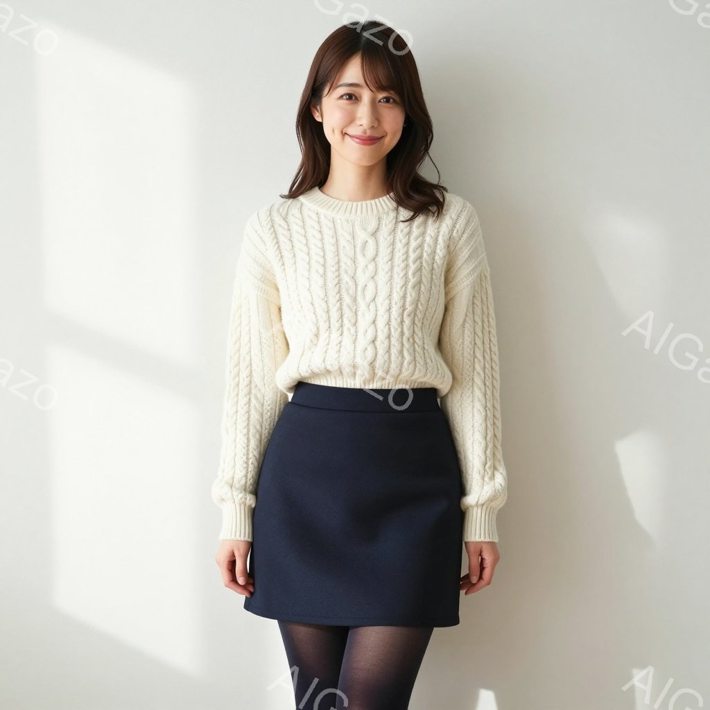 画像には、明るい背景を背景に、ベージュのケーブルニットセーターと濃い紺色のペンシルスカートを着用した若い女性が写っています。彼女は髪を軽くカールさせ、微笑みを浮かべています。全体的に、清潔感があり、落ち着いた雰囲気です。
