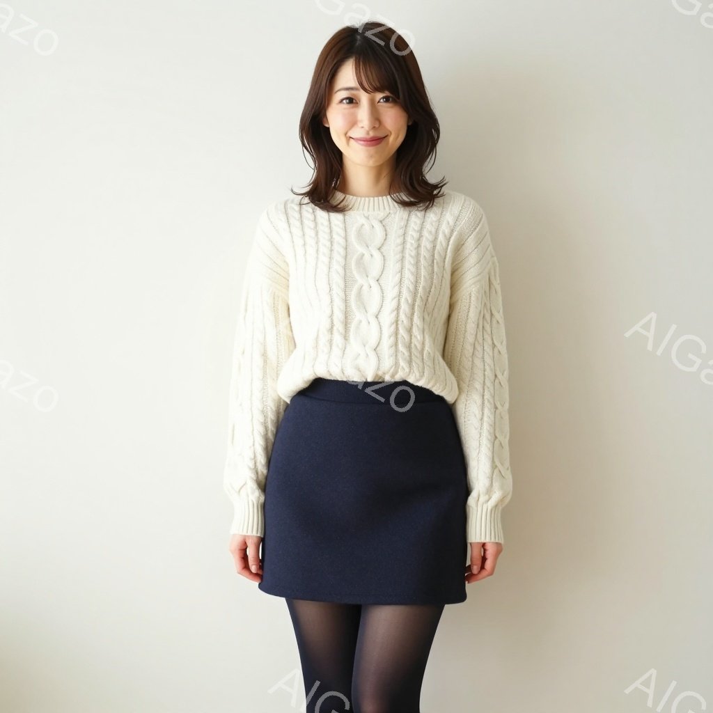 明るい背景を背景に、女性がキャメル色のケーブルニットセーターと濃い紺色のミニスカートを着用し、黒色のタイツを履いています。彼女は肩までの長さの茶色い髪で、穏やかな笑顔を浮かべています。姿勢はまっすぐで、リラックスした印象を与えます。