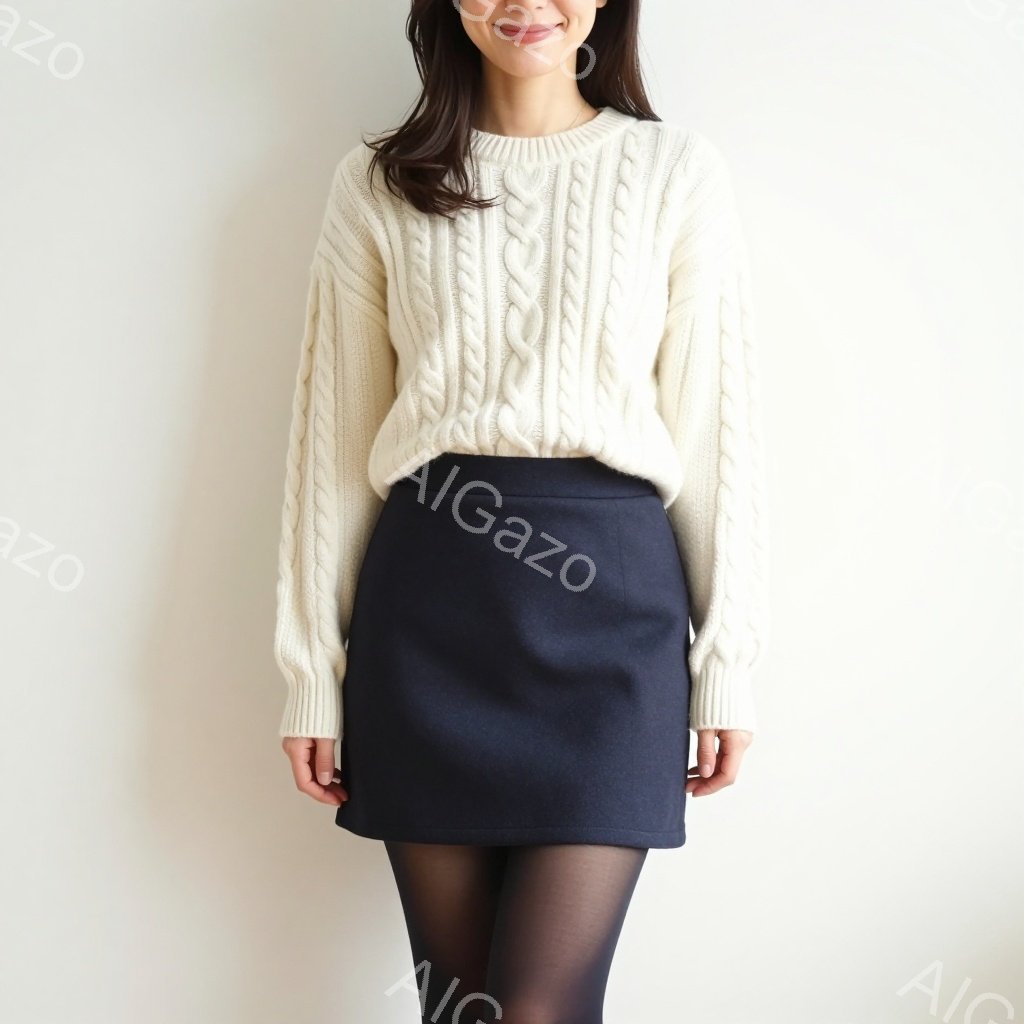 画像には、ベージュのケーブルニットセーターと濃紺のミニスカートを着用した女性が写っています。彼女は黒いタイツを合わせ、少し微笑んでおり、姿勢はまっすぐでリラックスしています。背景は白く、女性が際立って - AI生成フリー素材