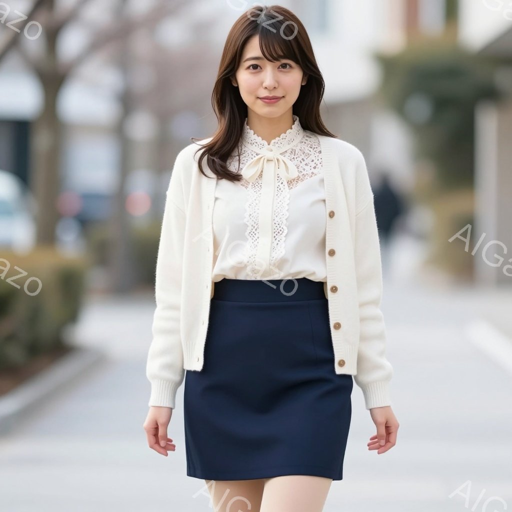 画像は、紺色のタイトスカートと白いブラウス、そしてクリーム色のカーディガンを着た若い女性が写っています。彼女は少し微笑み、髪は肩にかかる長さで、前髪が少しあります。背景には建物と木々が見え、日中の穏やかな天候を表しています。