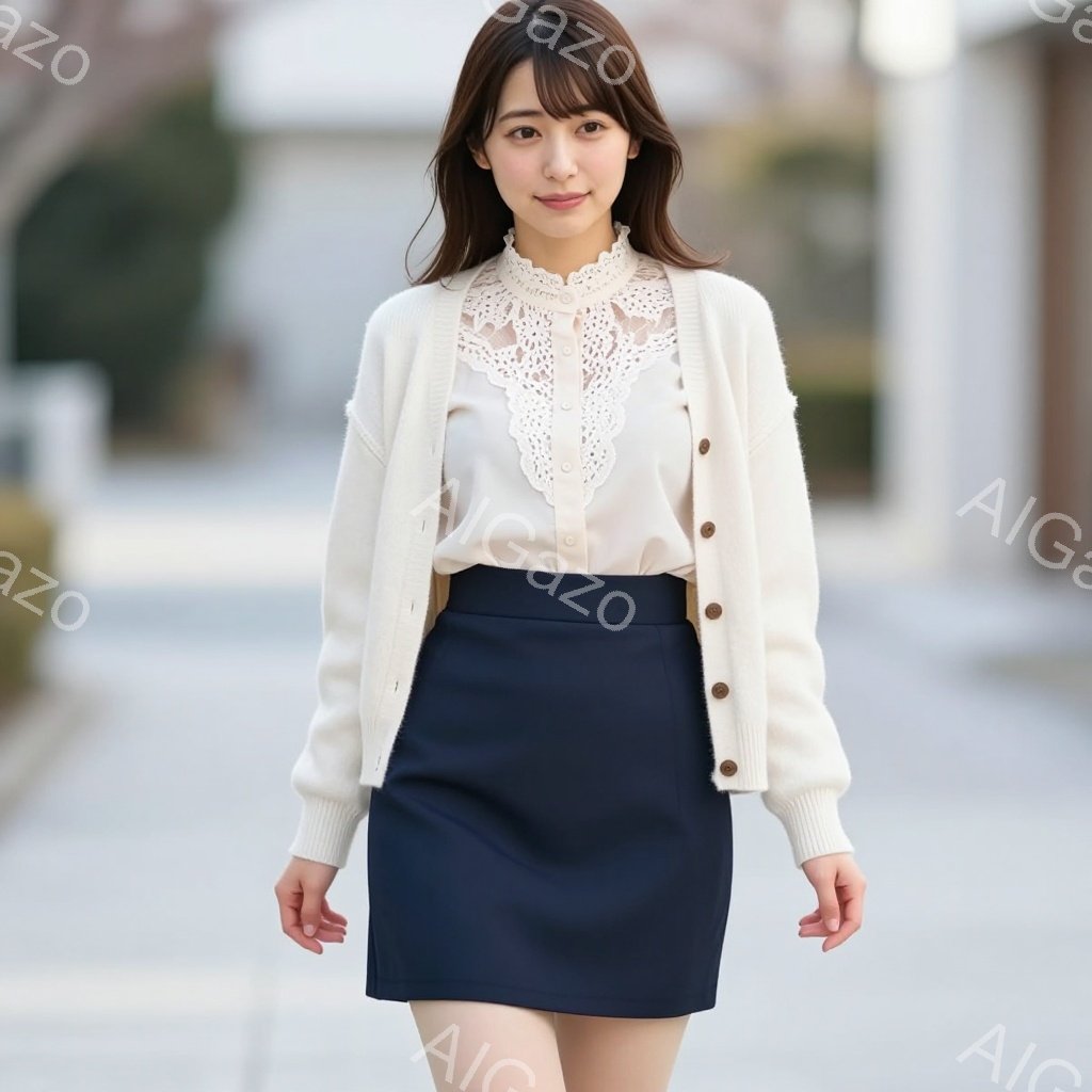 画像には、ベージュのカーディガンに白いレース襟のブラウス、濃い青色のタイトスカートを着用した若い女性が写っています。彼女は少し微笑んでおり、髪は肩までの長さで、前髪が目にかかっています。背景はグレーの - AI生成フリー素材