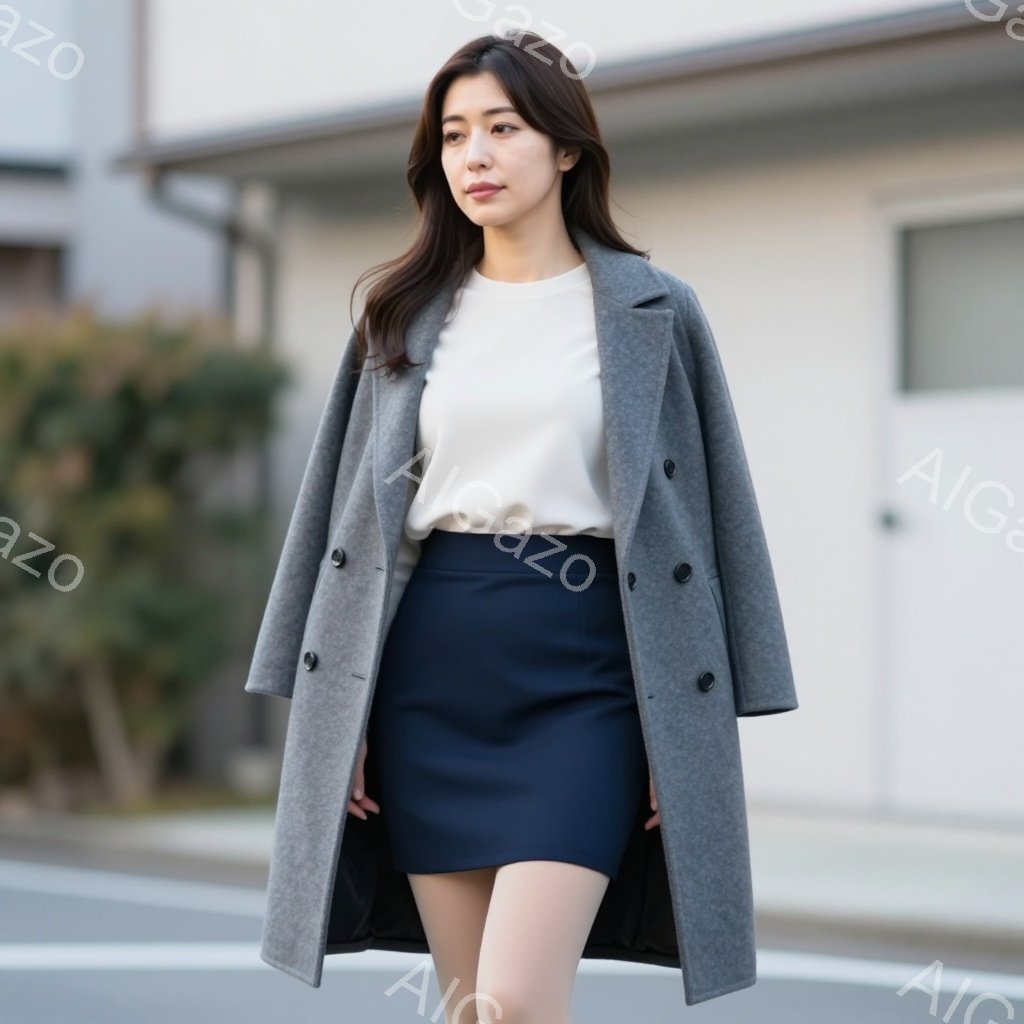 画像には、グレーのロングコートを着て、濃い青色のタイトスカートを履いた若い女性が写っています。彼女は少し微笑んでおり、長いダークブラウンの髪は肩にかかっています。背景には住宅街がぼやけており、晴れた日の穏やかな雰囲気です。