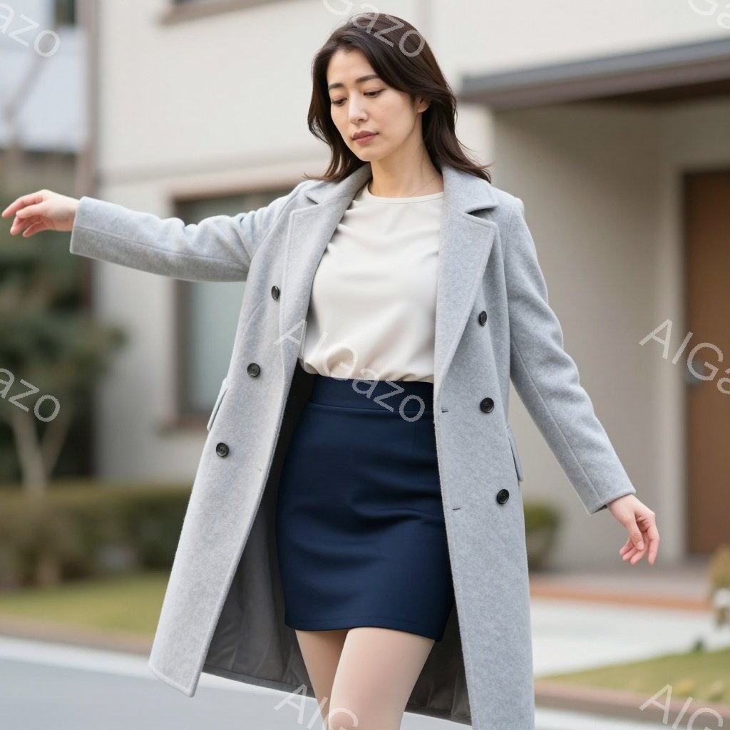 モデルは、グレーのロングコートに白いインナーと濃い青色のタイトスカートを着用し、道路を歩いています。彼女は両腕を広げたポーズで、表情はやや真剣で、軽快な足取りで前進しています。背景には住宅と緑の芝生が見え、晴れた日の穏やかな雰囲気が伝わってきます。