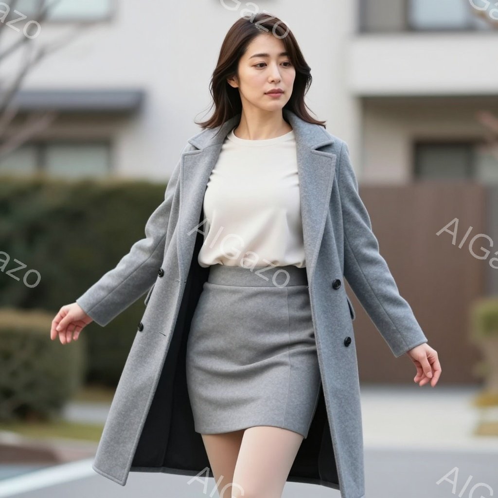 若い女性が、ライトグレーのコートとスカートのセットアップを着て、歩いている様子が写っている。彼女は髪を肩まで伸ばしたストレートヘアで、落ち着いた表情をしている。背景には、モダンな建物とわずかに見える木々があり、晴れた日の穏やかな雰囲気を醸し出している。