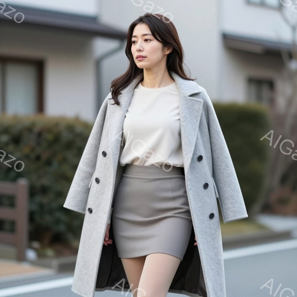 モデルは、ライトグレーのダブルブレストのコート、ベージュのトップス、そしてベージュのタイトスカートを身に着けている。彼女は少し微笑み、髪は肩までの長さで、自然なウェーブがかかっている。背景には住宅地が - AI生成フリー素材