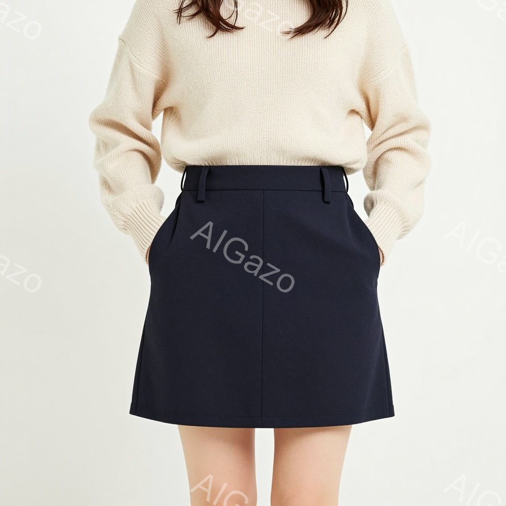 明るいベージュのニットセーターを着た女性が写っています。濃紺の膝丈スカートを履き、両手をポケットに入れています。背景は白く、人物に焦点が当てられており、全体的にシンプルでクリーンな印象です。 - AI生成フリー素材