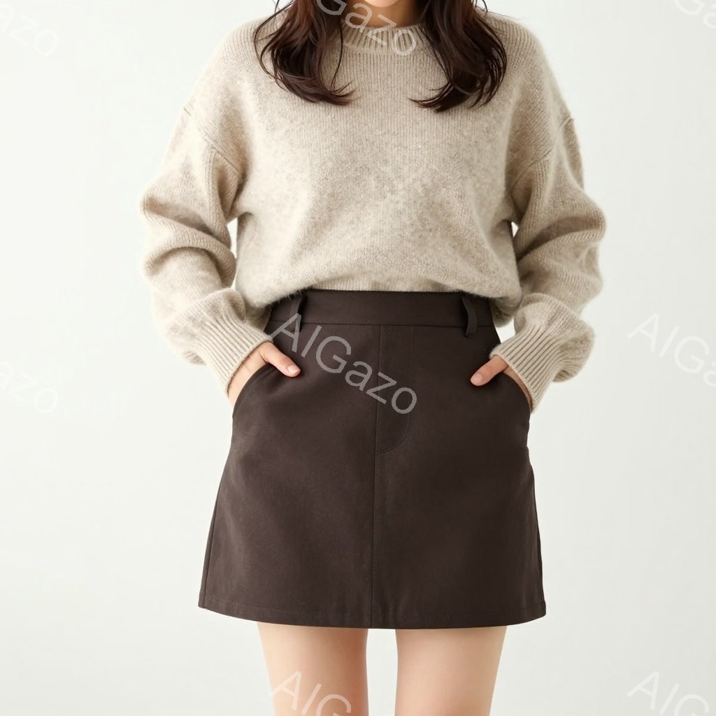 モデルは、ベージュのゆったりとしたセーターとダークブラウンのミニスカートを着用しています。彼女は両手をポケットに入れ、リラックスした姿勢で立っており、表情は穏やかで自然です。背景は白く、モデルに焦点が - AI生成フリー素材