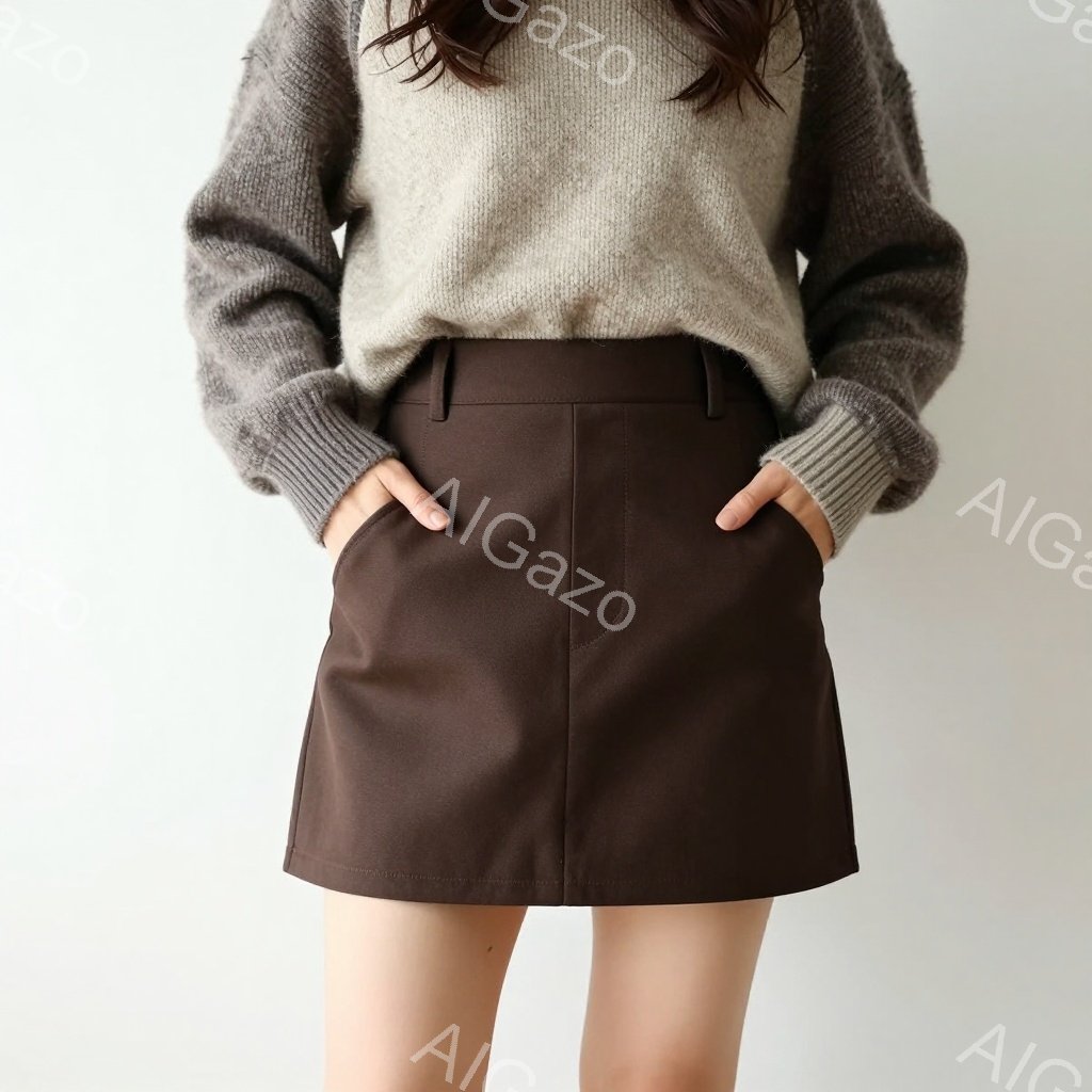 モデルは、ベージュのふわふわしたセーターとダークブラウンのミニスカートを着用しています。彼女は両手をポケットに入れて立ち、リラックスした姿勢を見せています。背景は白くシンプルで、モデルに焦点が当てられ - AI生成フリー素材