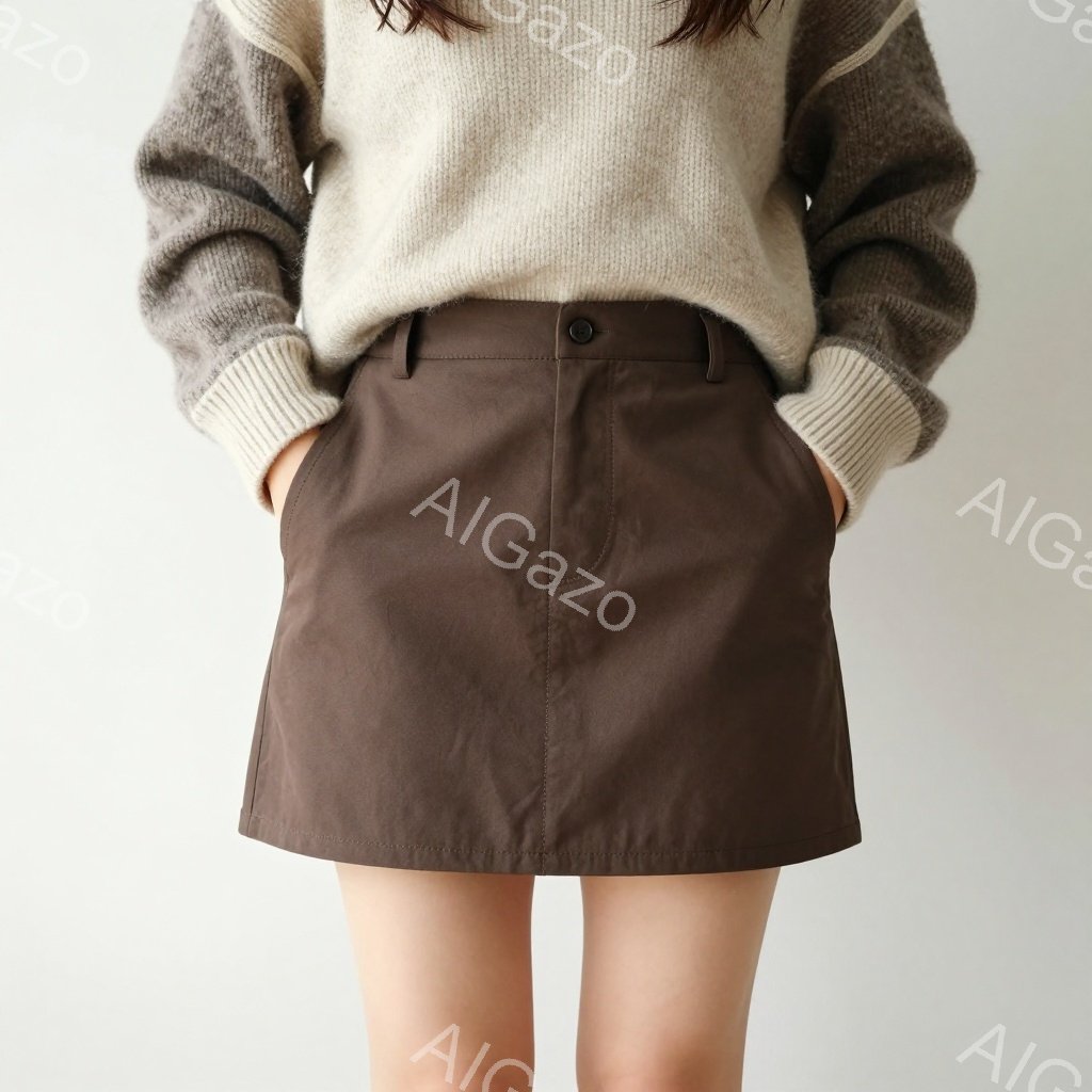 モデルは、ベージュと茶色の混ざった糸で編まれたセーターと、ダークブラウンのショートパンツを身に着けています。彼女は両手をポケットに入れ、リラックスした姿勢で立っており、足元は写っていません。背景は白く - AI生成フリー素材