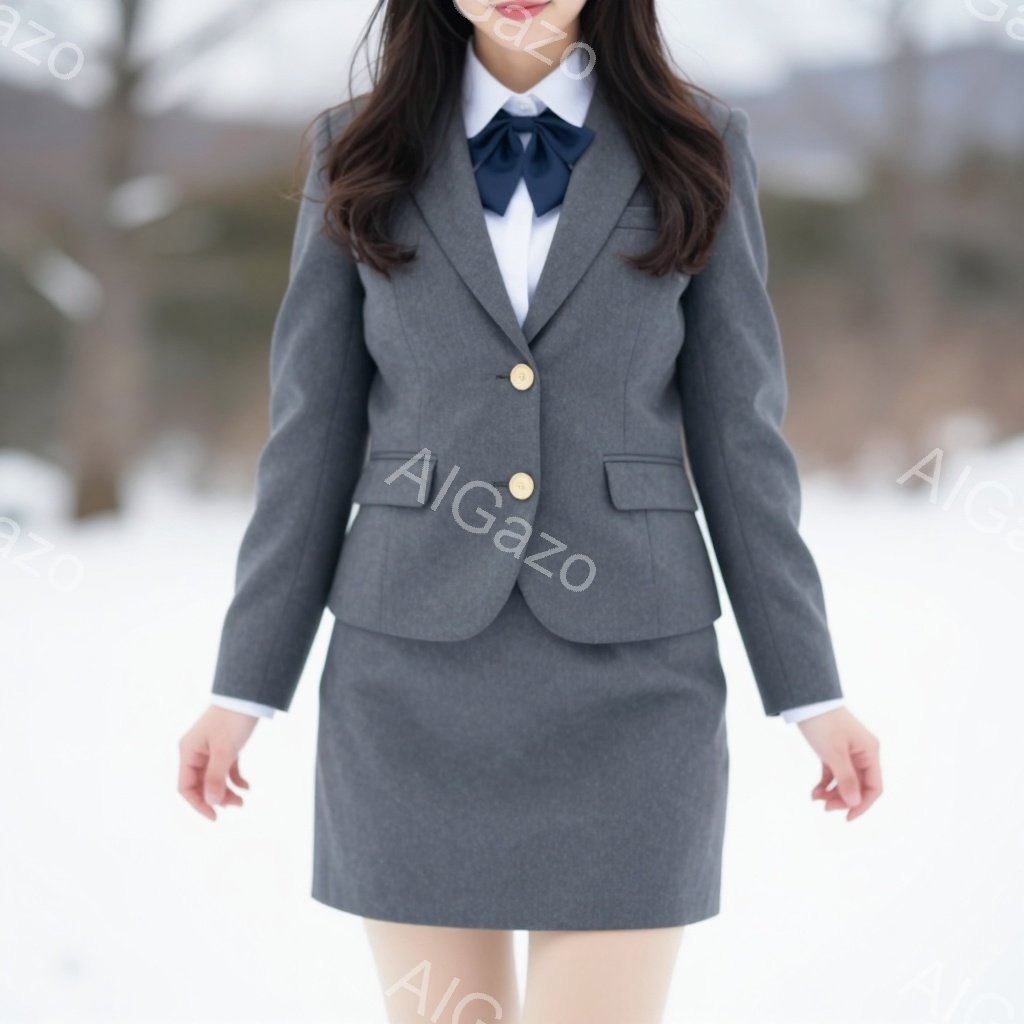 灰色のスーツに身を包んだ女性が立っている。白のシャツと濃い青色のリボンがアクセントになっており、髪は肩にかかる長さで、やや内巻きになっている。背景はぼやけているが、雪景色が広がっており、冬の冷たい空気を感じさせる。