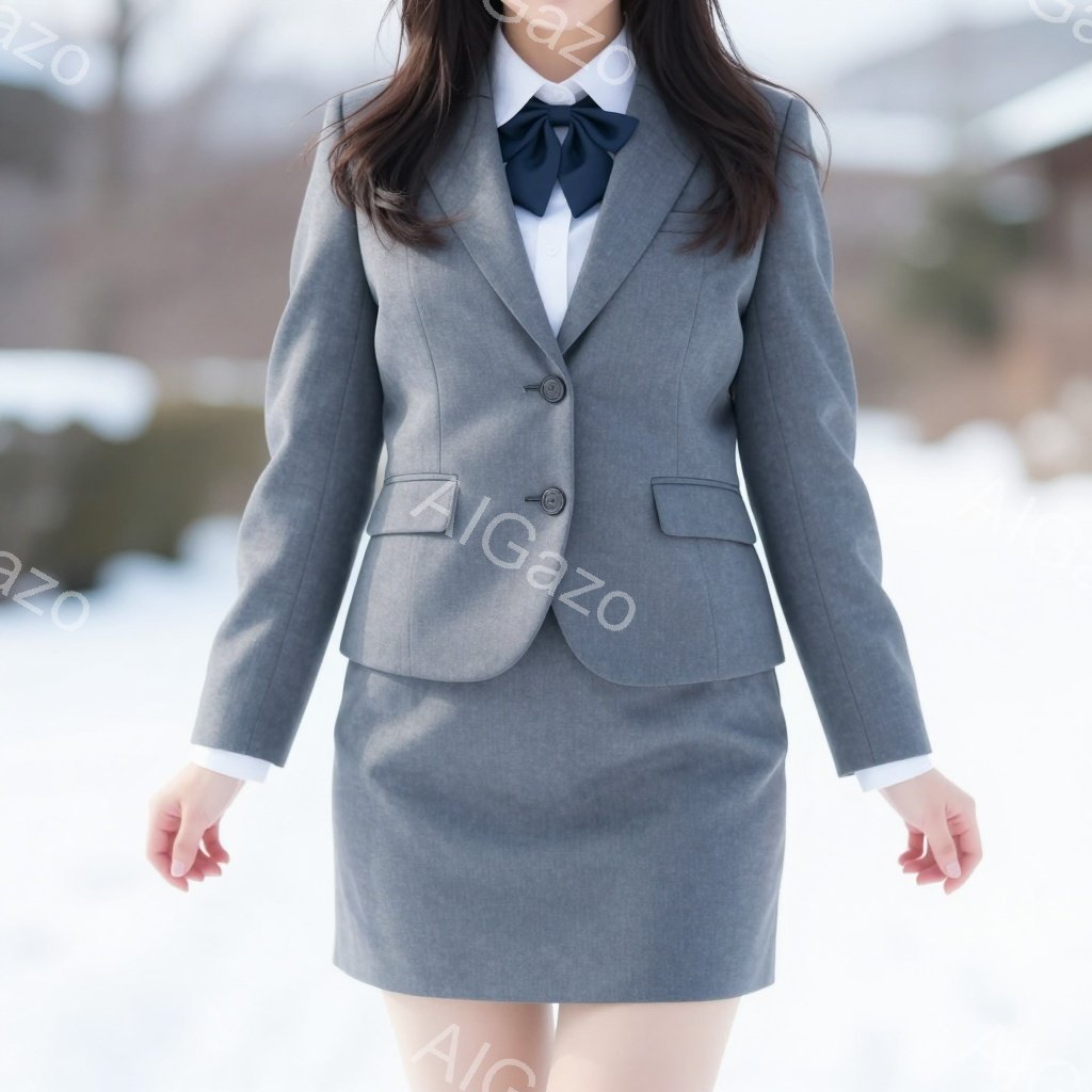 明るい灰色のスーツを着た女性が写っています。白いシャツに濃い青のネクタイを締めており、黒髪を肩まで伸ばしています。背景は雪景色で、冬の静かな雰囲気が漂っています。 - AI生成フリー素材