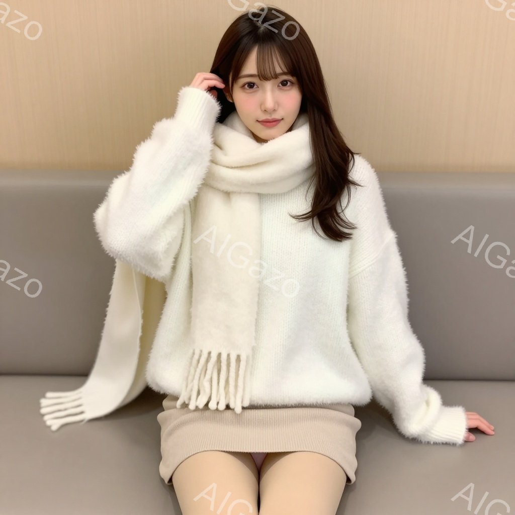 長いダークブラウンの髪を耳にかける若い女性が、白いふわふわのセーターとベージュの短いスカートを身に着けて座っています。彼女は落ち着いた表情で、穏やかな雰囲気を醸し出しています。背景は薄いグレーのソファ - AI生成フリー素材