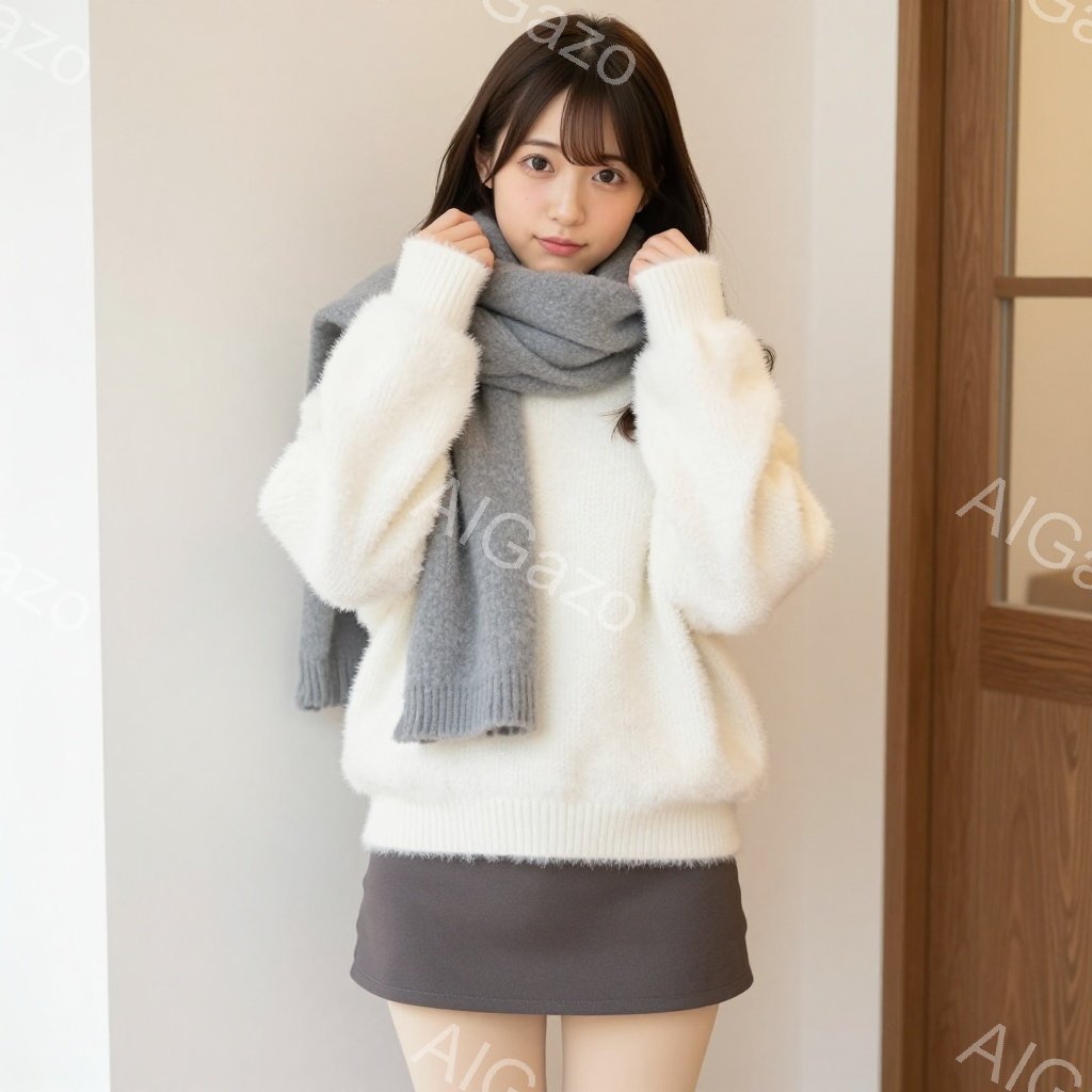 画像には、白いふわふわのセーターとダークグレーの短いスカートを着た若い女性が写っています。彼女は灰色のマフラーを首に巻き、両手でマフラーを持つポーズをとっており、穏やかで微笑んだ表情をしています。背景 - AI生成フリー素材