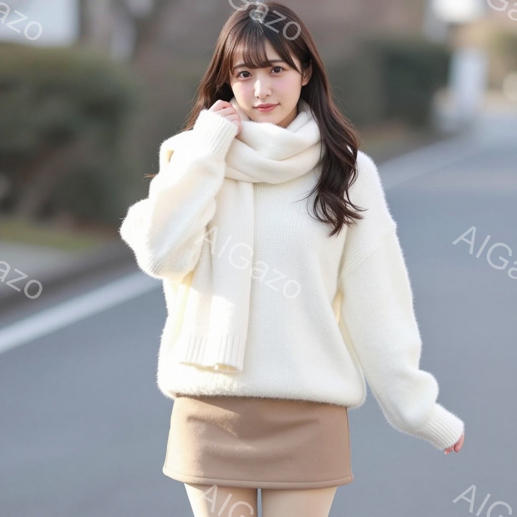 明るい茶髪のロングヘアの女性が、オフホワイトのふわふわとしたセーターとベージュのミニスカートを身に着けています。彼女は少し微笑み、片手を頬に当てて穏やかな表情をしています。背景にはアスファルトの道と緑の生垣があり、晴れた日の穏やかな雰囲気を醸し出しています。