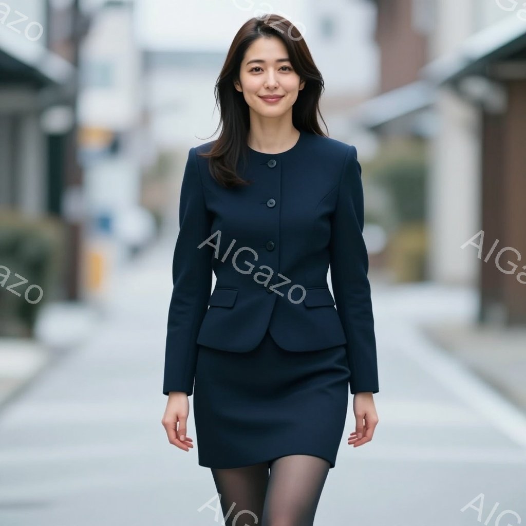 深い紺色のスーツを着た女性が、道路の中央をまっすぐ正面を見て歩いている。彼女は黒いストッキングを履き、髪は肩にかかる長さで、穏やかな微笑みを浮かべている。背景は都市部の通りで、灰色がかった空模様で、やや陰鬱な雰囲気である。