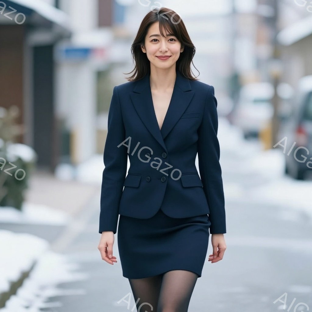 深い青色のスーツを着た女性が、薄い雪が降る街路を歩いています。彼女は黒いタイツとパンプスを履き、髪は肩にかかるくらいの長さで、軽く内側にカールしています。表情は穏やかで、わずかに微笑んでいます。
