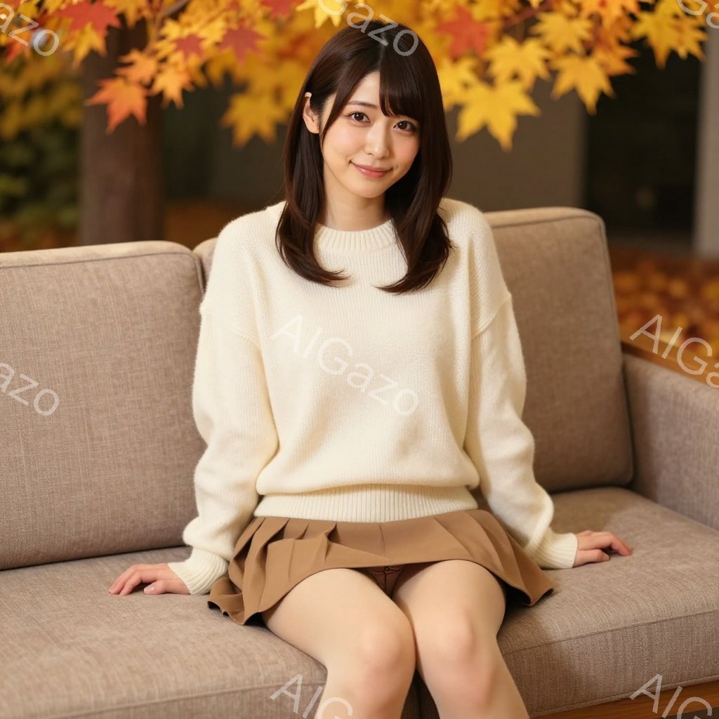 明るい茶色のソファに座っている若い女性が写っています。オフホワイトのニットセーターとベージュのプリーツスカートを着用し、自然な笑顔を見せています。背景には紅葉した木々が見え、秋の穏やかな雰囲気を醸し出しています。