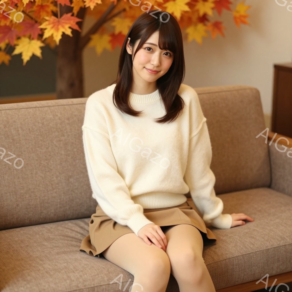明るい茶色のソファに座っている女性が写っています。オフホワイトのセーターとベージュのスカートを身につけ、柔らかな表情でこちらを見つめています。背景には、赤やオレンジ色の葉が茂った木が見え、温かく穏やか - AI生成フリー素材