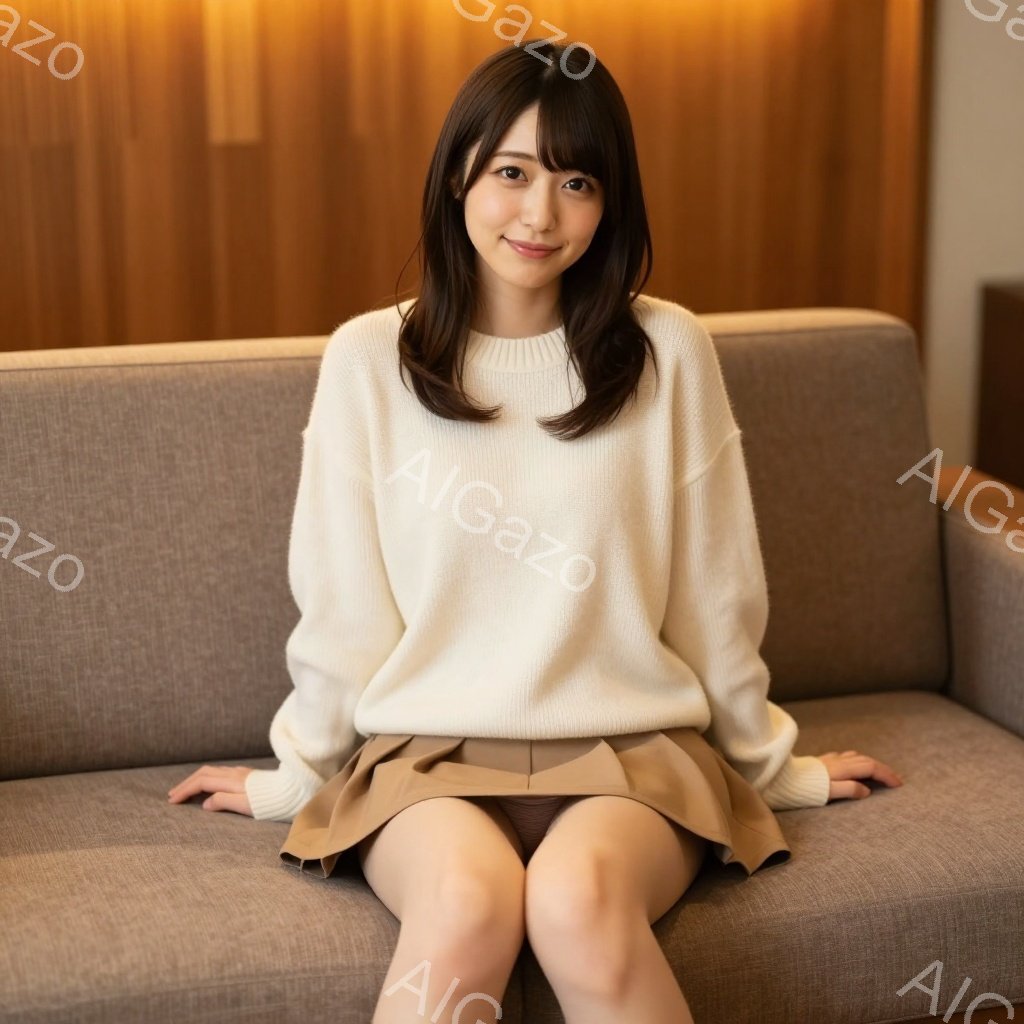 若い女性がベージュ色のソファに座っており、オフホワイトのセーターとベージュのスカートを着用しています。彼女は微笑んでおり、髪は肩のあたりで内側にカールしています。背景には木製のパネルがあり、温かく落ち - AI生成フリー素材
