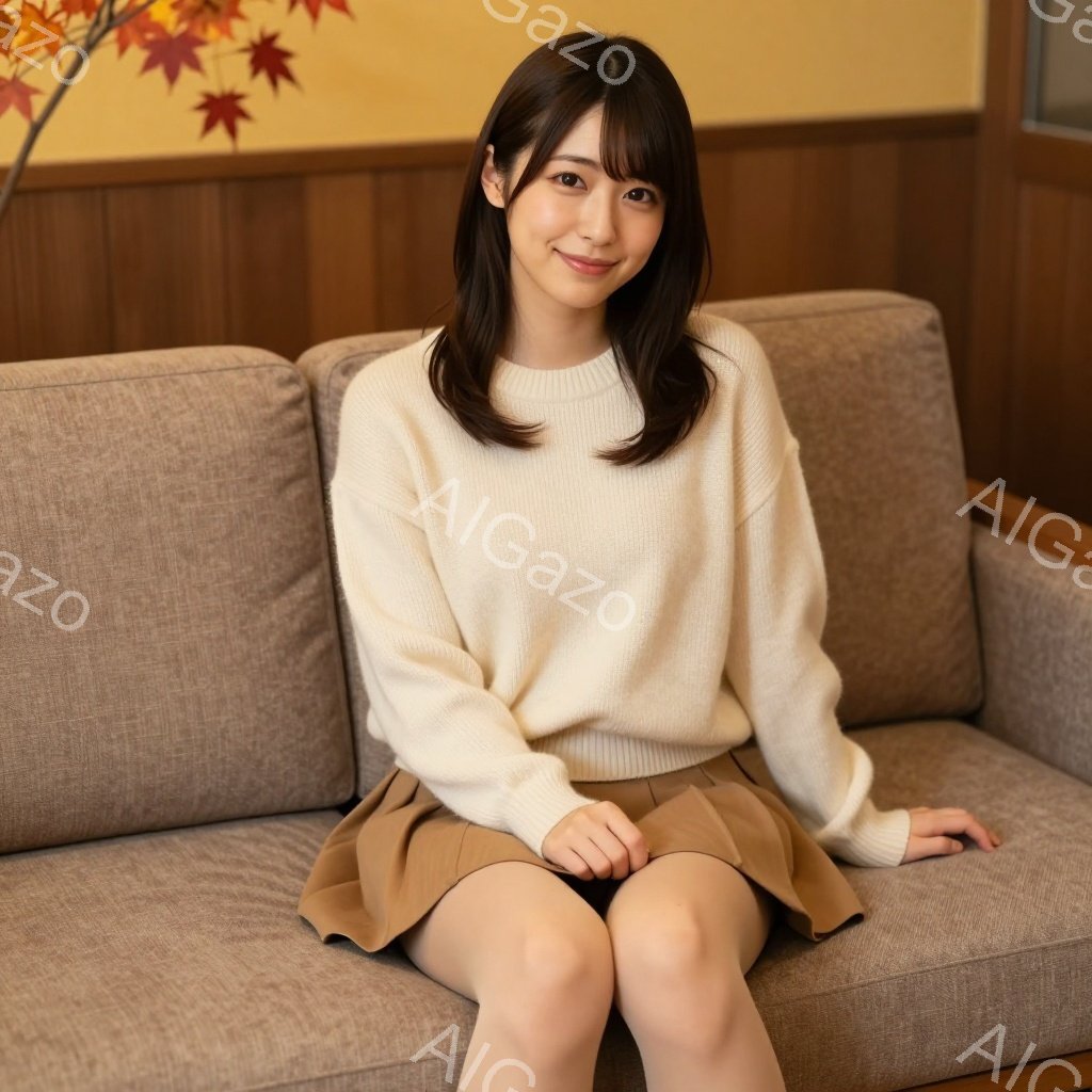 画像には、ベージュのセーターとキャメル色のスカートを着用した若い女性が座っています。彼女は微笑んでおり、膝を揃えてリラックスした姿勢でソファに座っています。背景には木目調の壁と、オレンジと黄色の紅葉が飾られています。