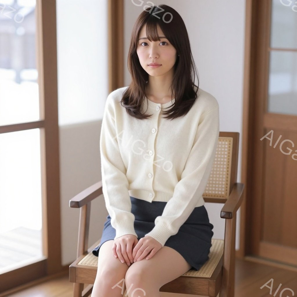 明るい色のニットカーディガンと紺色のスカートを身に着けた若い女性が、籐の椅子に座って正面を見つめています。彼女は肩までの長さの茶髪で、穏やかな微笑みを浮かべています。背景には明るい室内と窓が見え、全体的に穏やかで落ち着いた雰囲気です。