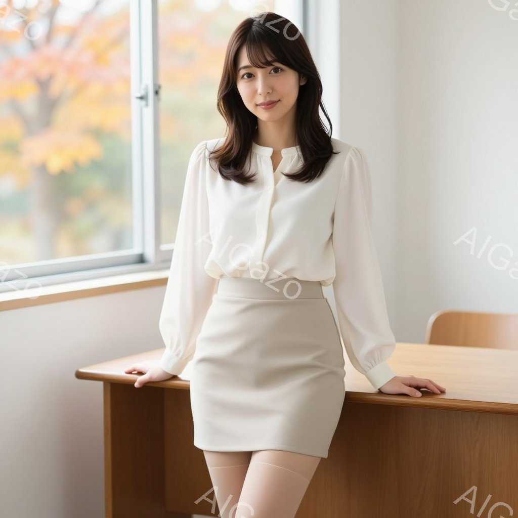 明るい茶色の背景の前に、ベージュのスカートと白いブラウスを着た女性が立っている。彼女は長いダークブラウンの髪を耳にかかっており、穏やかな笑顔を浮かべている。彼女はテーブルに軽く手を置き、リラックスした姿勢で、全体的に上品で落ち着いた雰囲気を醸し出している。