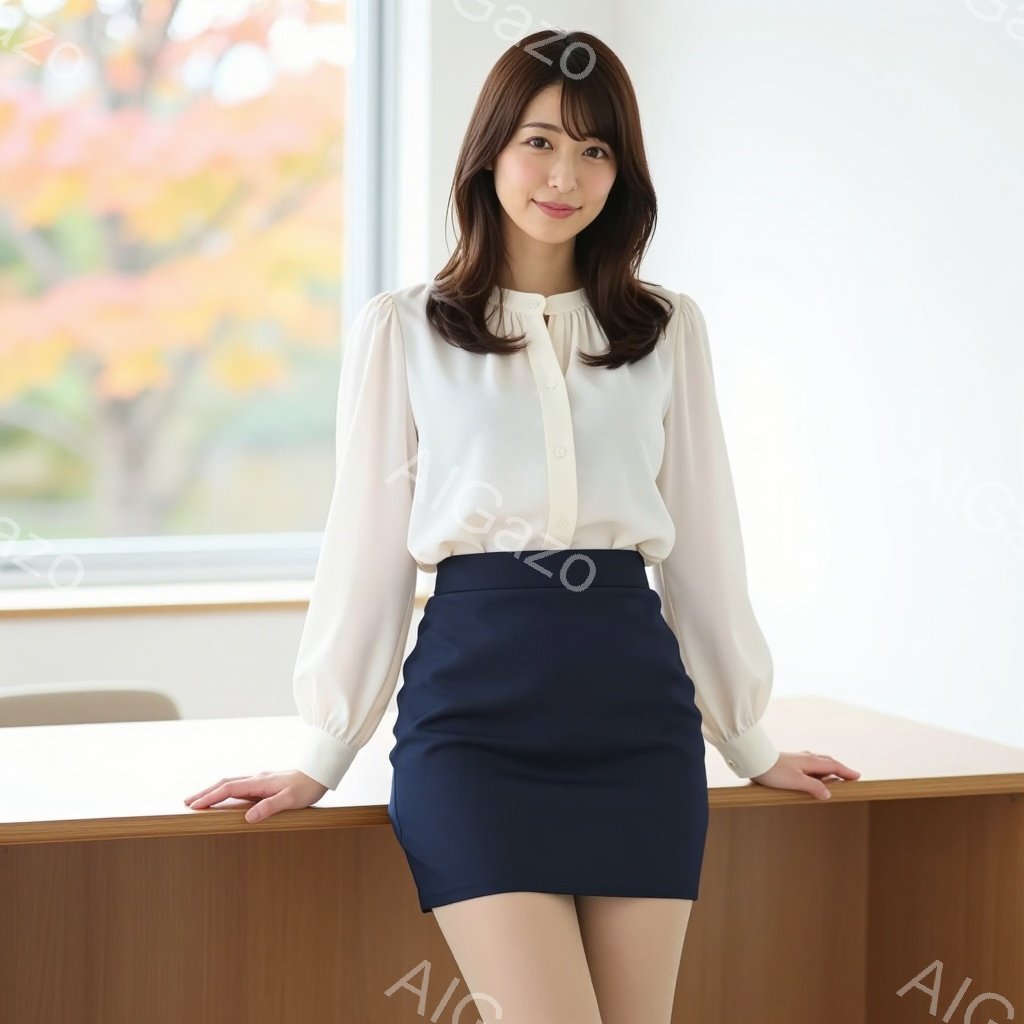 明るい茶髪のロングヘアを無造作に肩にかけた女性が写っています。オフホワイトのブラウスと紺色のタイトスカートを着用し、少し微笑んだ表情で、木のカウンターに両手を添えて立っています。背景はぼかされており、自然光が入る屋内空間で、落ち着いた雰囲気です。