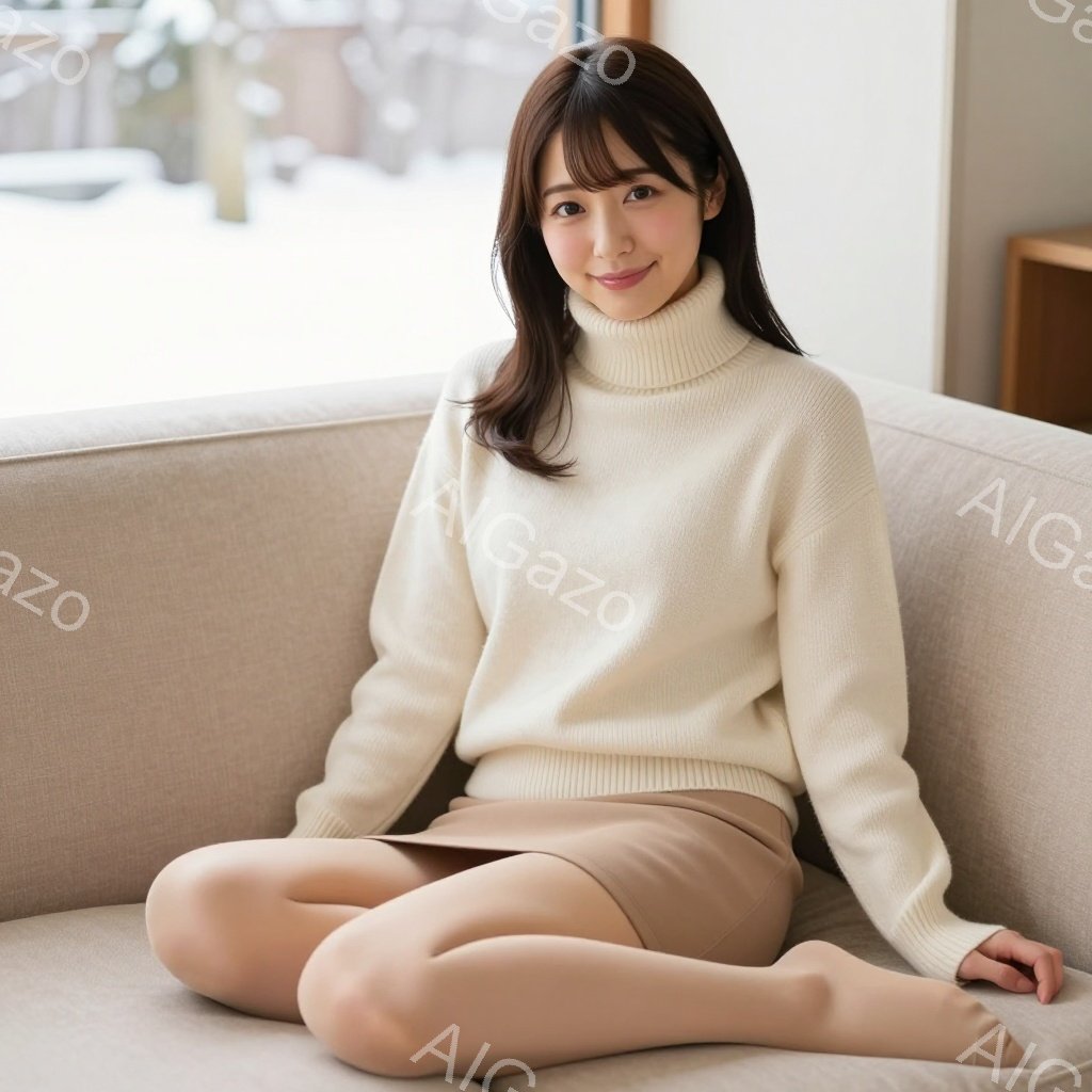 彼女はベージュのニットセーターとスカートを身につけ、床に座ってリラックスしたポーズをとっています。彼女の髪は肩にかかる長さで、前髪はふんわりとカールしています。背景には窓があり、外には雪景色が見えます。