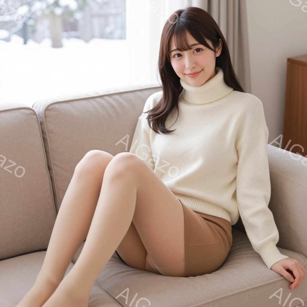 明るい色のソファーに座った女性が写っています。彼女はオフホワイトのタートルネックセーターとベージュのショートパンツを着用し、膝を揃えて座っています。背景にはぼやけた窓と家具が見え、室内は明るく穏やかな - AI生成フリー素材