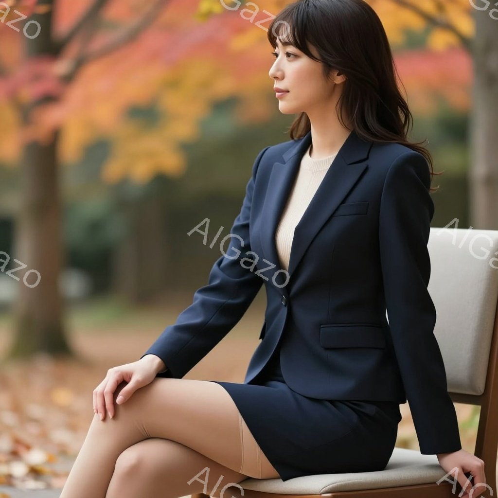 画像は、紺色のスーツを着た女性が椅子に座っている姿を捉えています。彼女はストレートの黒髪で、横顔は穏やかで知的な印象を与えます。背景には秋の紅葉が広がり、暖かく落ち着いた雰囲気を醸し出しています。 - AI生成フリー素材