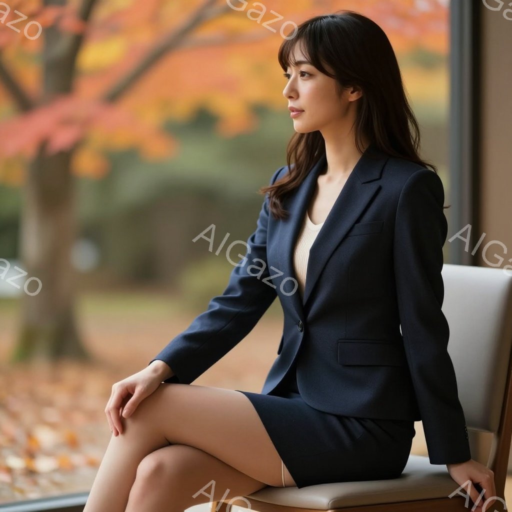 深い藍色のスーツを着た女性が椅子に座っています。彼女は黒髪で、軽くカールがかかっています。背景には紅葉の木々と窓があり、秋の落ち着いた雰囲気が漂っています。 - AI生成フリー素材