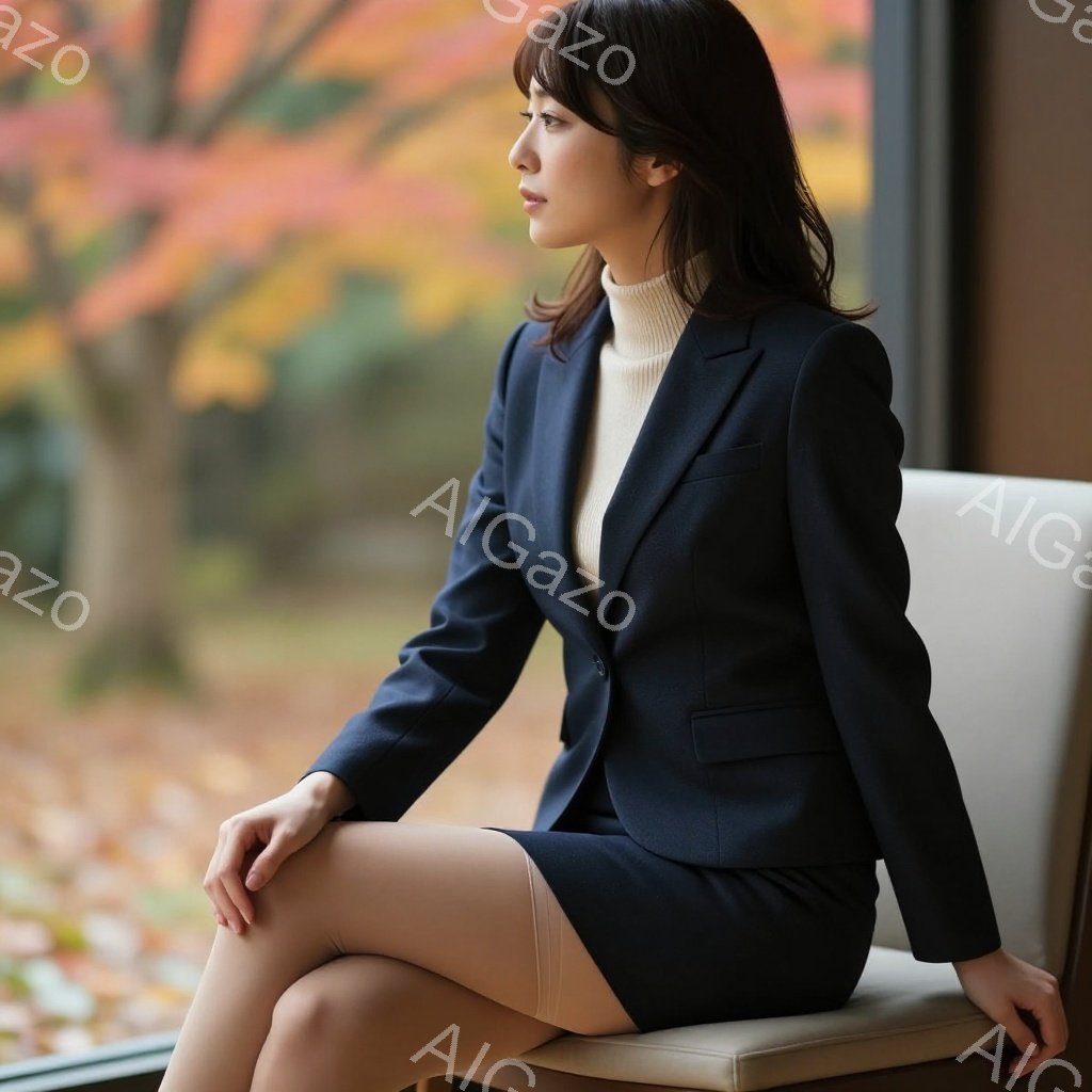 画像は、紺色のスーツにベージュのインナーを着用した女性が、窓際に座っている様子を捉えています。彼女は黒髪を肩下まで伸ばし、落ち着いた表情で遠くを見つめています。窓の外には、鮮やかな紅葉の風景が広がり、秋の穏やかな雰囲気を醸し出しています。