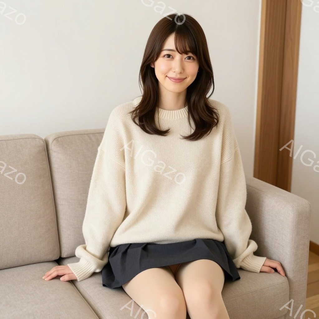 明るいベージュのセーターと紺色のスカートを身につけた女性が、ベージュのソファーに座っています。彼女は微笑んでおり、髪は肩のあたりで軽くウェーブがかかっています。背景はシンプルな壁で、全体的に穏やかでリ - AI生成フリー素材