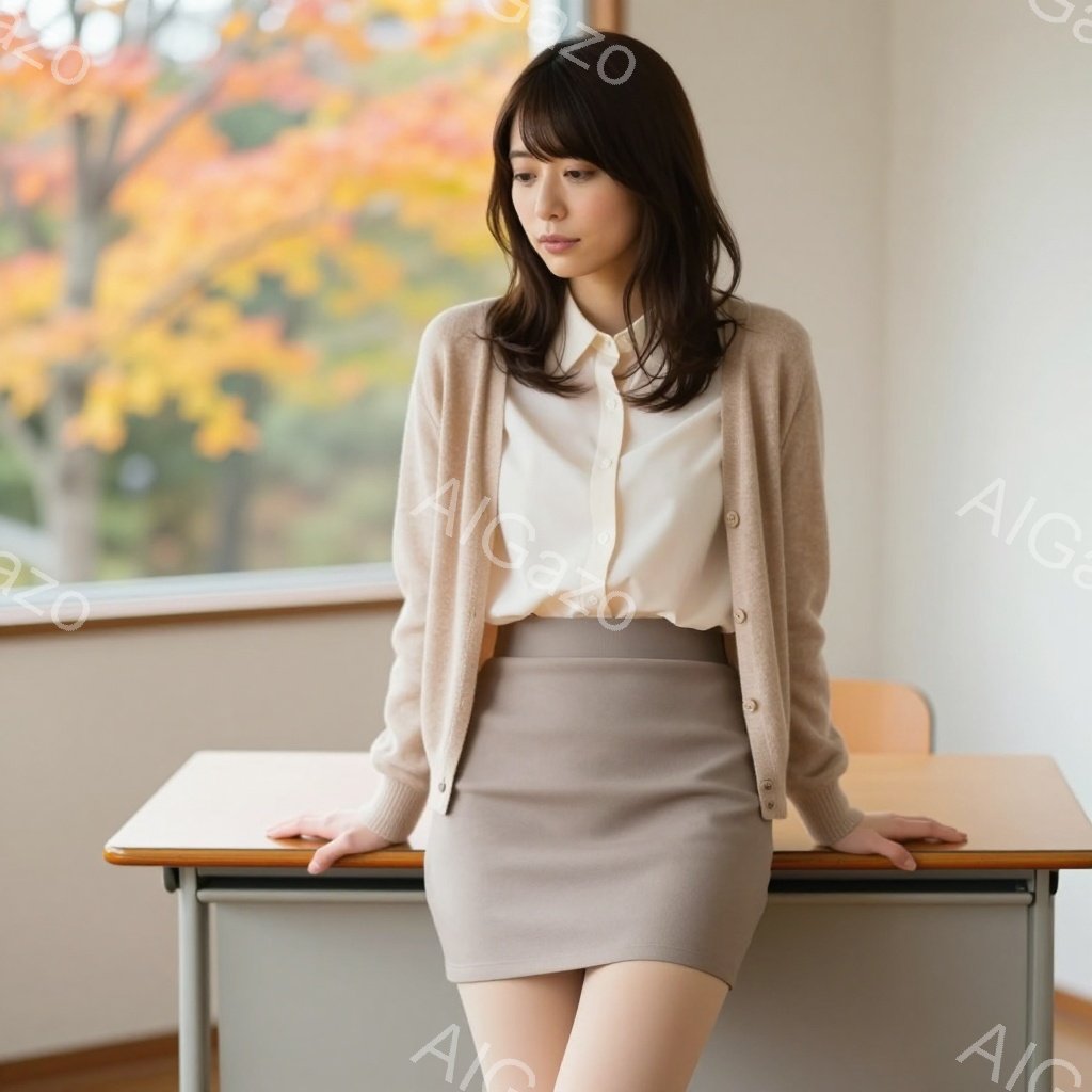 明るい教室で、ベージュのカーディガン、白いシャツ、そして膝丈のベージュのスカートを身につけた女性が写っている。彼女は少し憂いを帯びた表情で、机に両手を置き、壁を見つめている。背景には木々が見え、暖色系の光が差し込み、落ち着いた雰囲気を醸し出している。